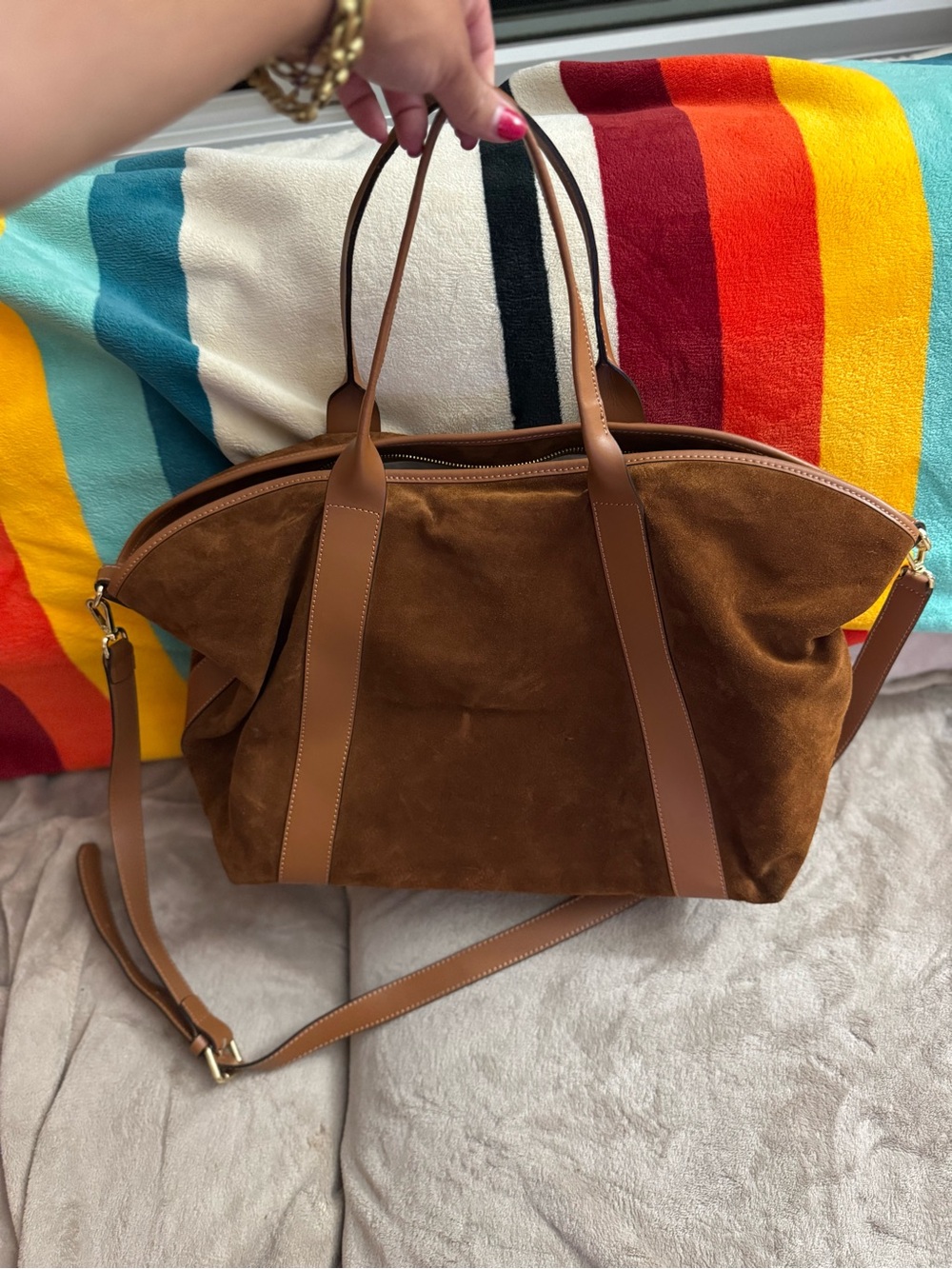 Brown Suede Tote with Leather Trim - Spacious Women's Carryall